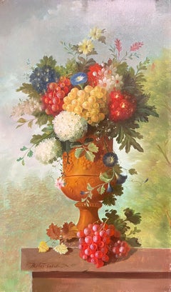 Very Large Profusion of Flowers Classical Still Life Stone Urn Oil Painting