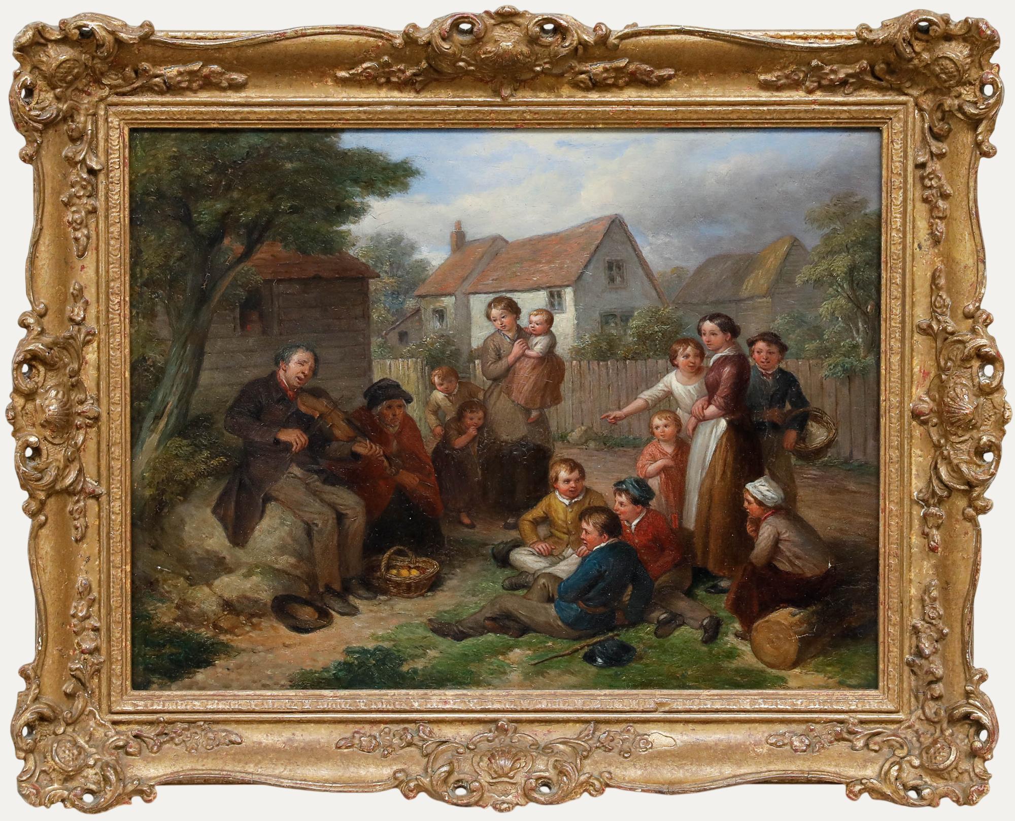 A fiddler plays to a group of children and mothers in this merry nineteenth-century village scene. The artist employs a vibrant palette to match the lively tableau. Well presented in a swept gilt frame. Although the artwork is unsigned, the subject