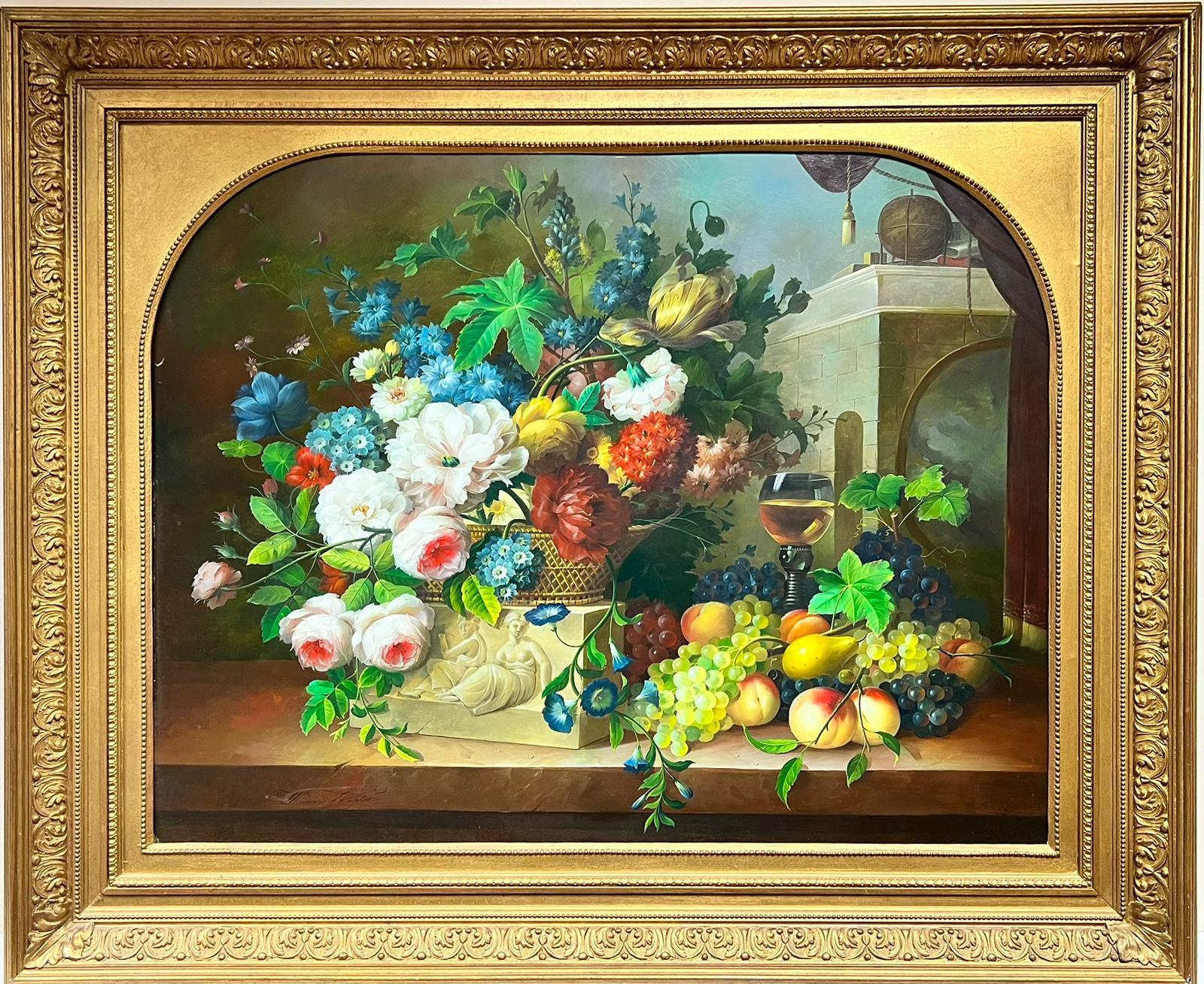 Thomas Webster Still-Life Painting - Fine Large Scale Classical Still Life Floral Display Signed British Oil Painting