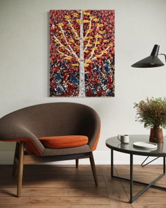 "Tempesta d'autunno" - Arte astratta in acrilico rosso e giallo vibrante con un albero bianco