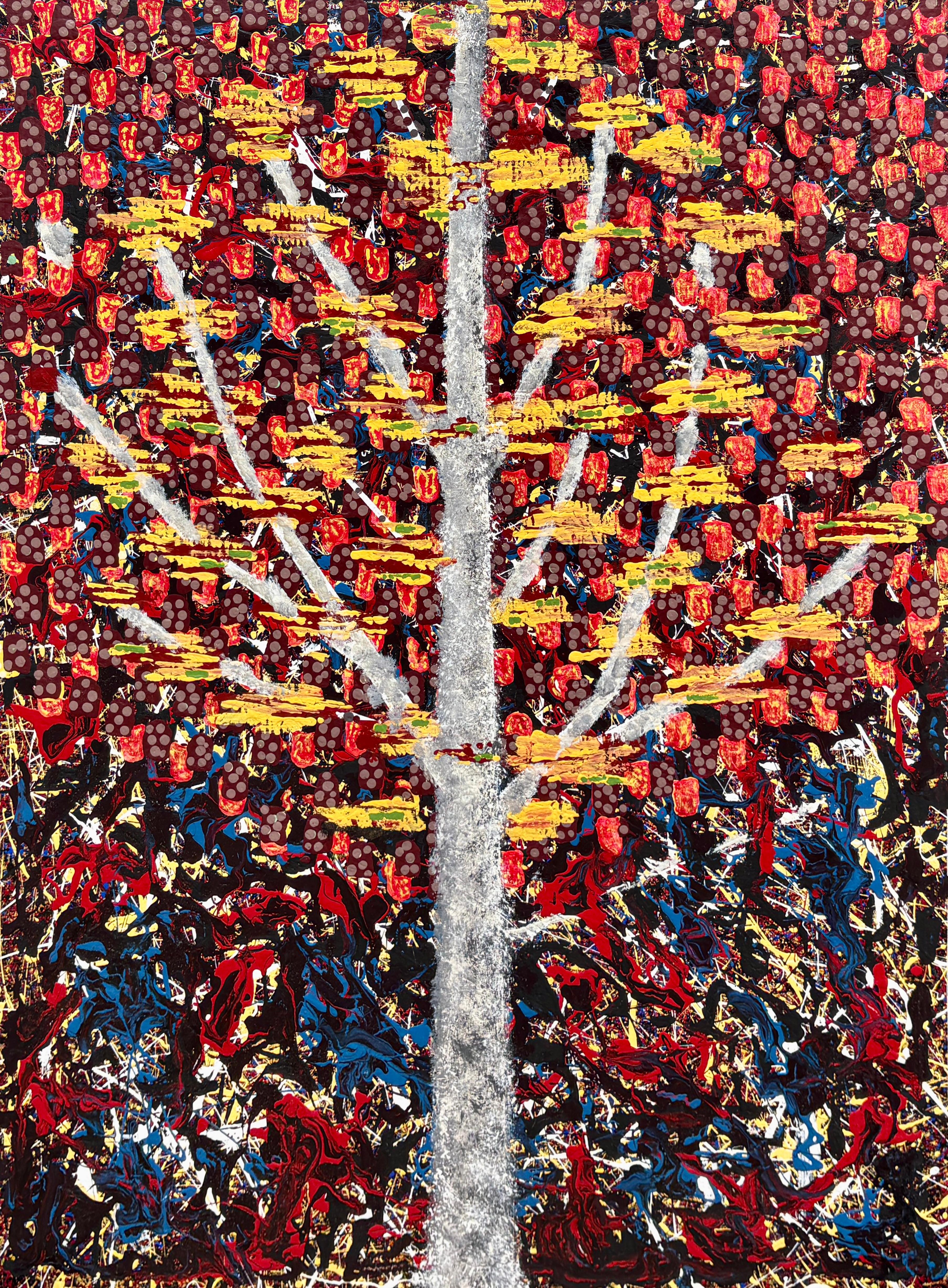 Thomas Whent Abstract Painting – "Herbststurm" - Lebendiges Rot und Gelb Acryl Abstrakte Kunst mit einem weißen Baum