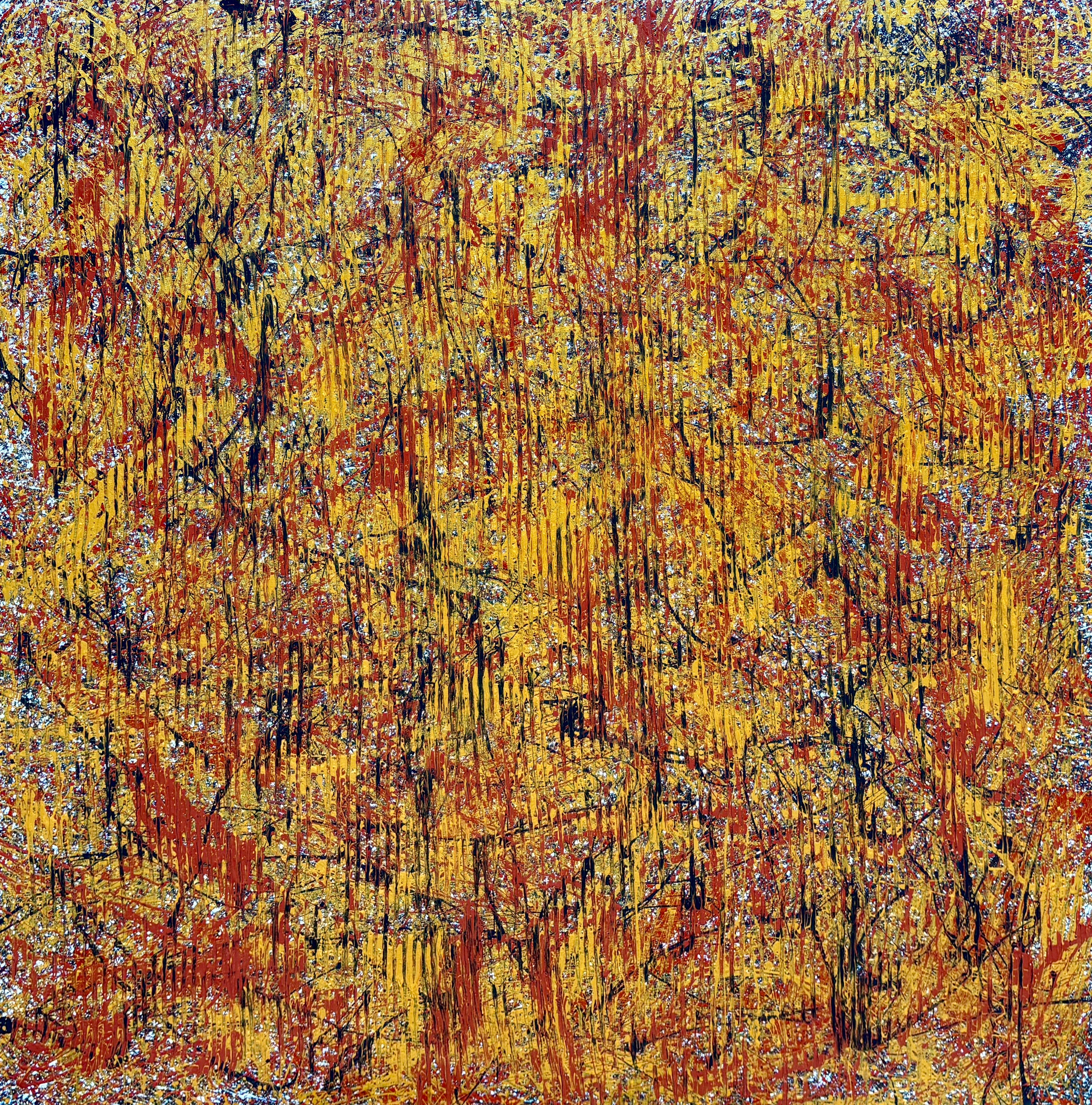 Thomas Whent Abstract Painting – "Bitcoin" - Zeitgenössische abstrakte expressionistische Malerei in Gold, Rot und Schwarz