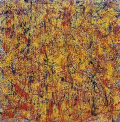"Bitcoin" - Zeitgenössische abstrakte expressionistische Malerei in Gold, Rot und Schwarz