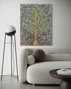 "Blue Beachwood" - Abstract Art with a Golden Tree and Blue Leaves - Earth Tones