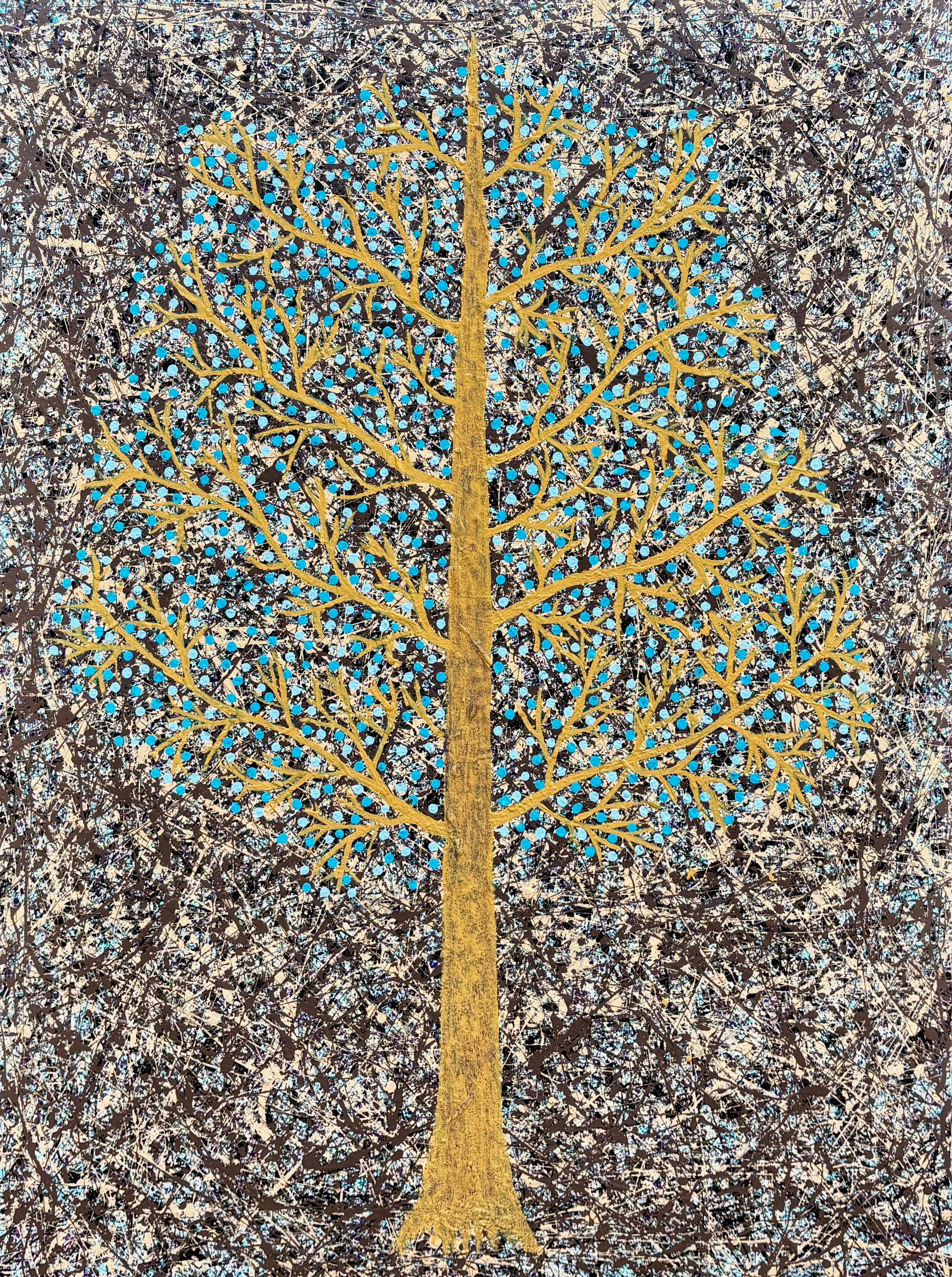 Thomas Whent Abstract Painting – "Blue Beachwood" - Abstrakte Kunst mit einem goldenen Baum und blauen Blättern - Erdtöne