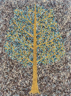 "Blue Beachwood" - Abstrakte Kunst mit einem goldenen Baum und blauen Blättern - Erdtöne