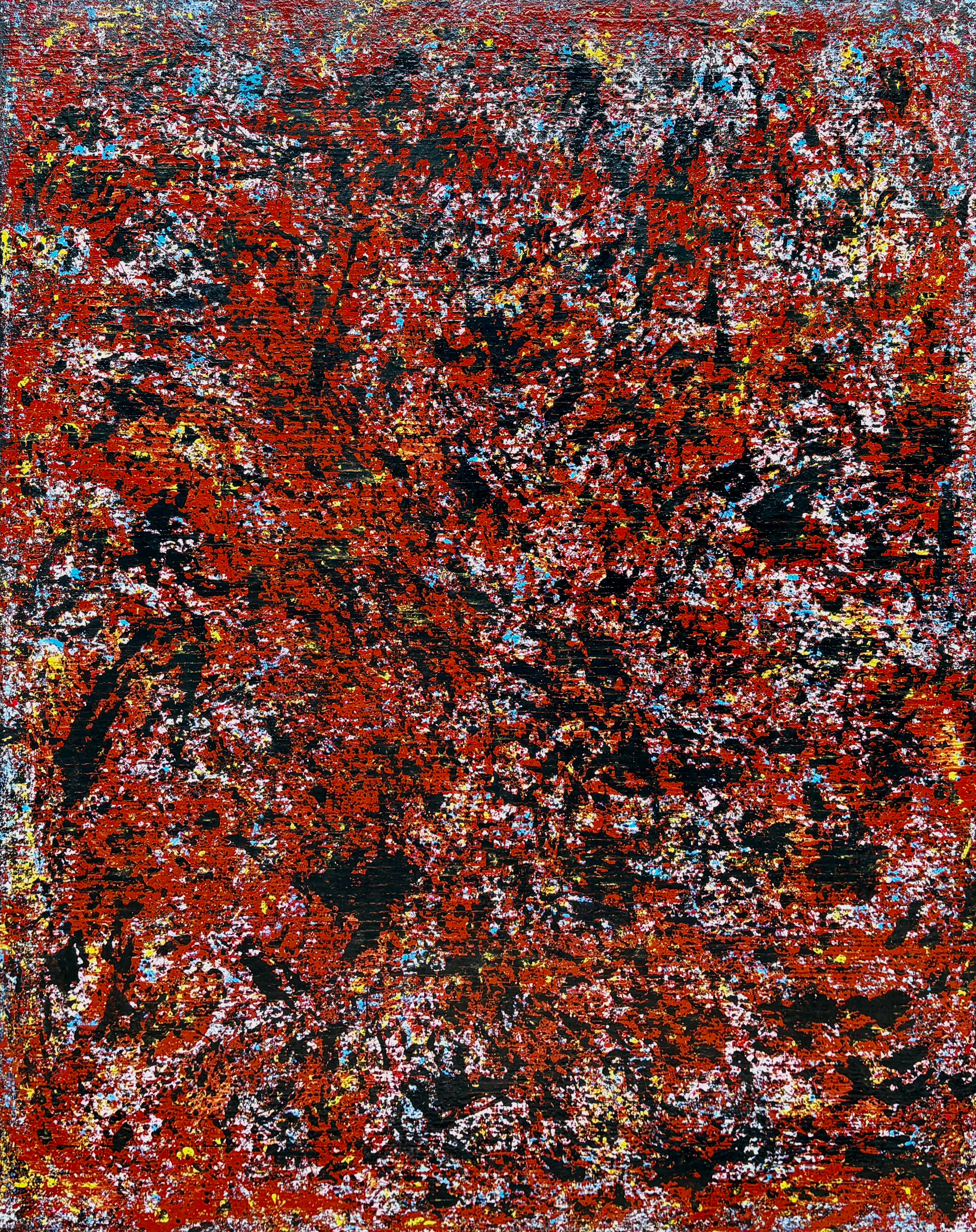 Thomas Whent Abstract Painting – "Camp Fire" - Pulsierender abstrakter Expressionist mit Karminrot und Schwarz
