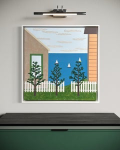 "Monterey Yacht Club" - Whimsical Folk Art with Clouds and Sail Boats at Sea