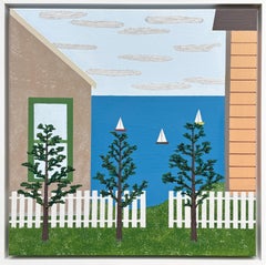 "Monterey Yacht Club" - Art populaire fantaisiste avec nuages et voiliers en mer