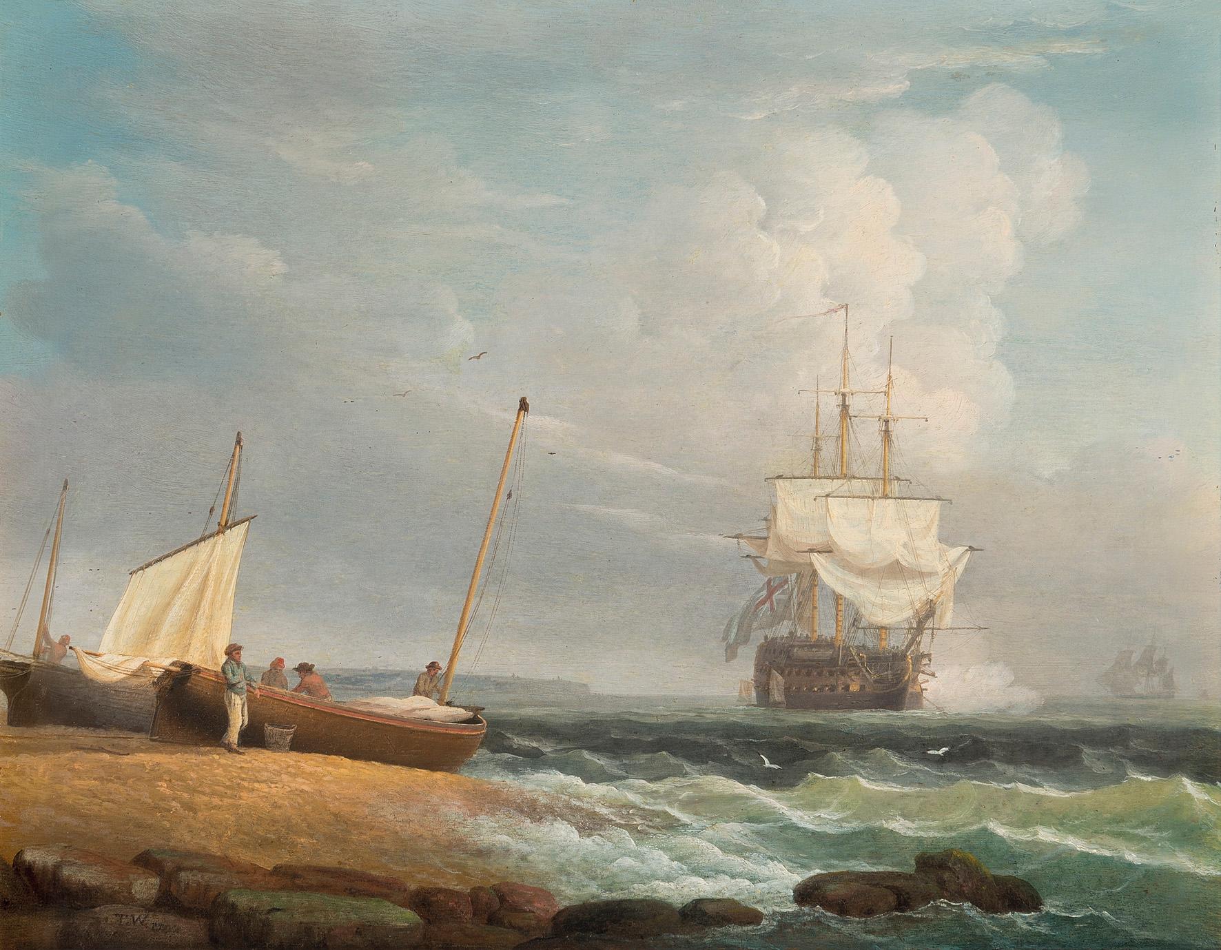 Thomas Whitcombe Landscape Painting - A TWO-DECKER OFF THE COAST