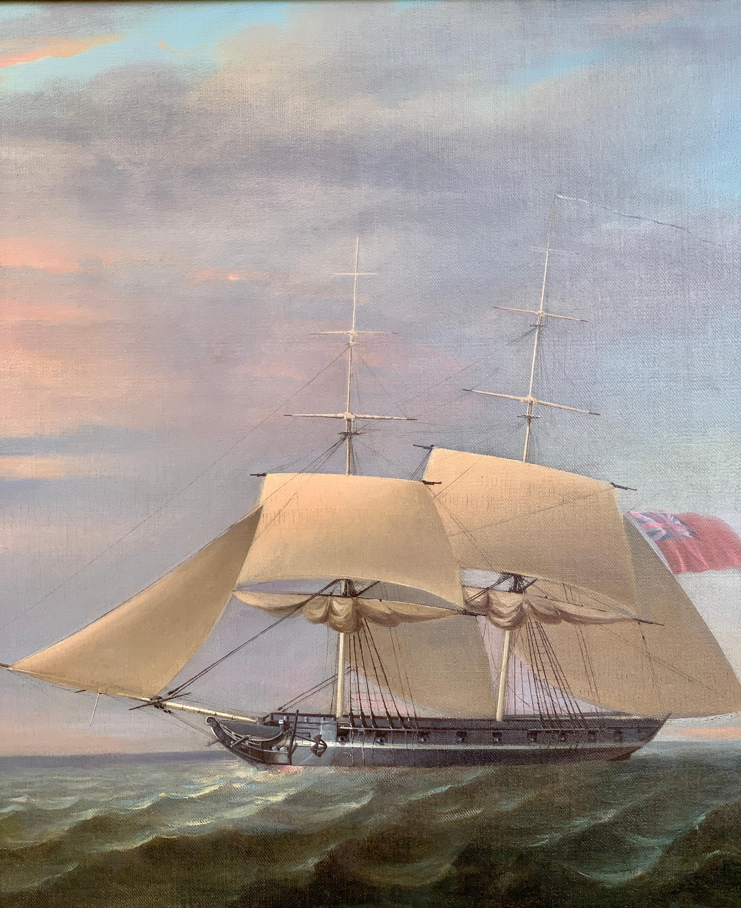 English 19th century Sloop of war frigate, two masted, 18 gun warship at sea - Painting by Thomas Whitcombe