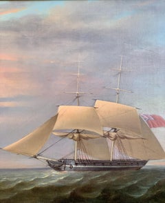 English 19th century Sloop of war frigate, two masted, 18 gun warship at sea