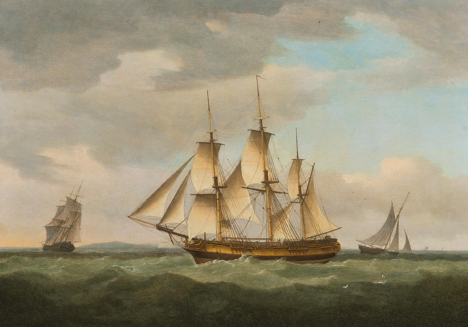 Thomas Whitcombe Landscape Painting - FRIGATE IN THE CHANNEL