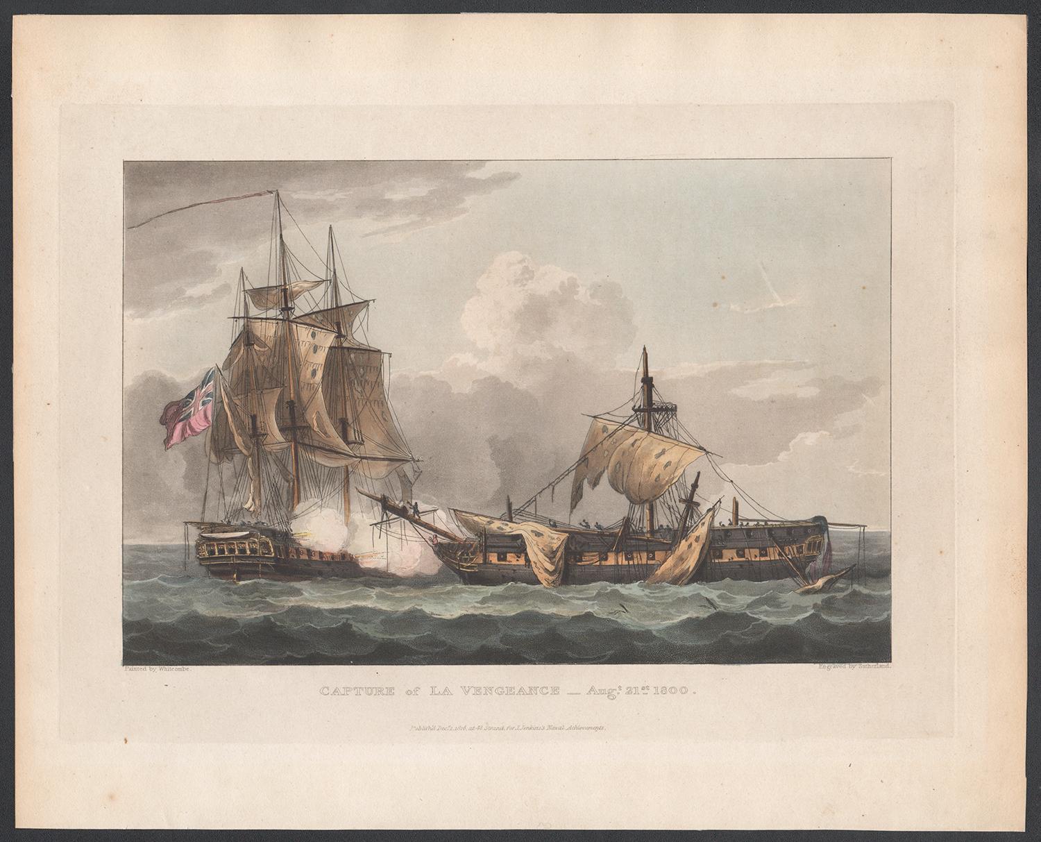 Capture of the La Vengeance, 1800. English Regency naval colour aquatint, 1816 - Print by Thomas Whitcombe