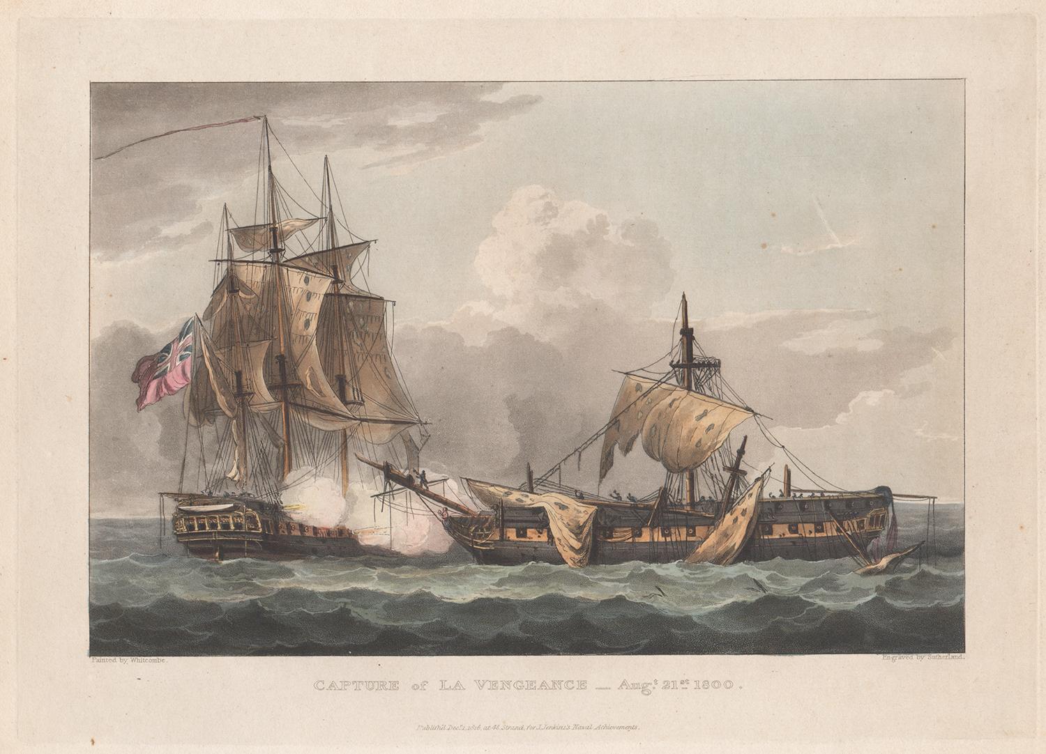 Thomas Whitcombe Print - Capture of the La Vengeance, 1800. English Regency naval colour aquatint, 1816