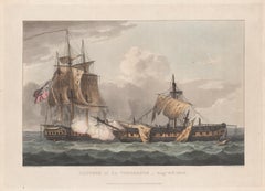 Antique Capture of the La Vengeance, 1800. English Regency naval colour aquatint, 1816