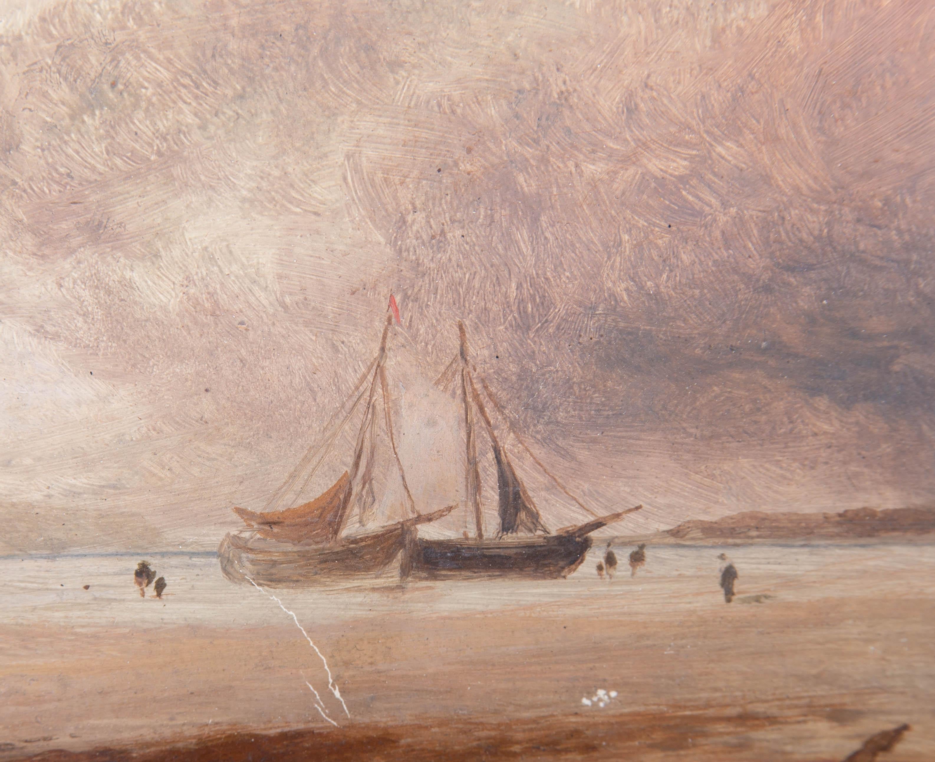 A coastal scene with fishing boats beached on the sand and some sailing in the distance. Figures stand to the left of the foreground. Presented in a white mount and a black reeded wooden frame with a distressed gilt-effect slip. Signed to the