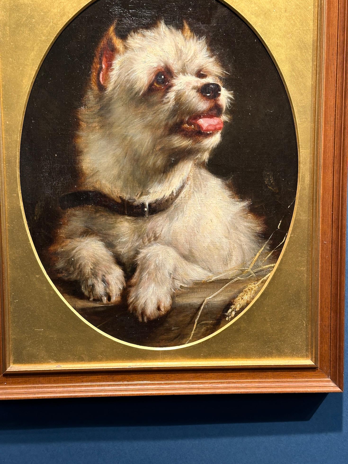 19th century English Antique oil portrait of a white Terrier Dog - Painting by Thomas William Earl