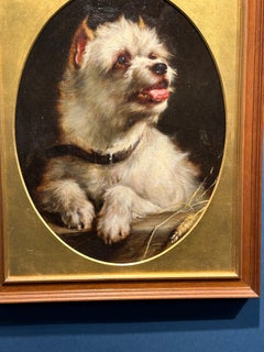 Retrato al óleo antiguo inglés del siglo XIX de un Perro Terrier blanco