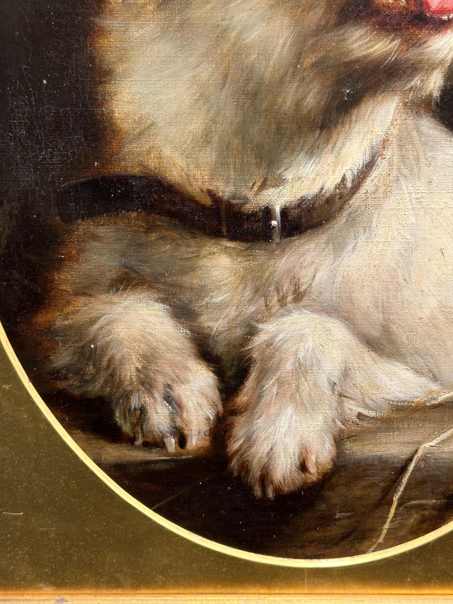 19th century English Antique oil portrait of a white Terrier Dog - Brown Portrait Painting by Thomas William Earl