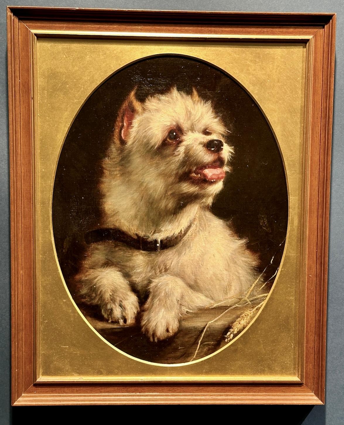 Ritratto ad olio antico inglese del XIX secolo di un cane Terrier bianco