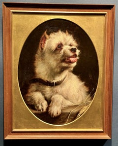 Portrait à l'huile anglais ancien d'un terrier blanc du 19ème siècle