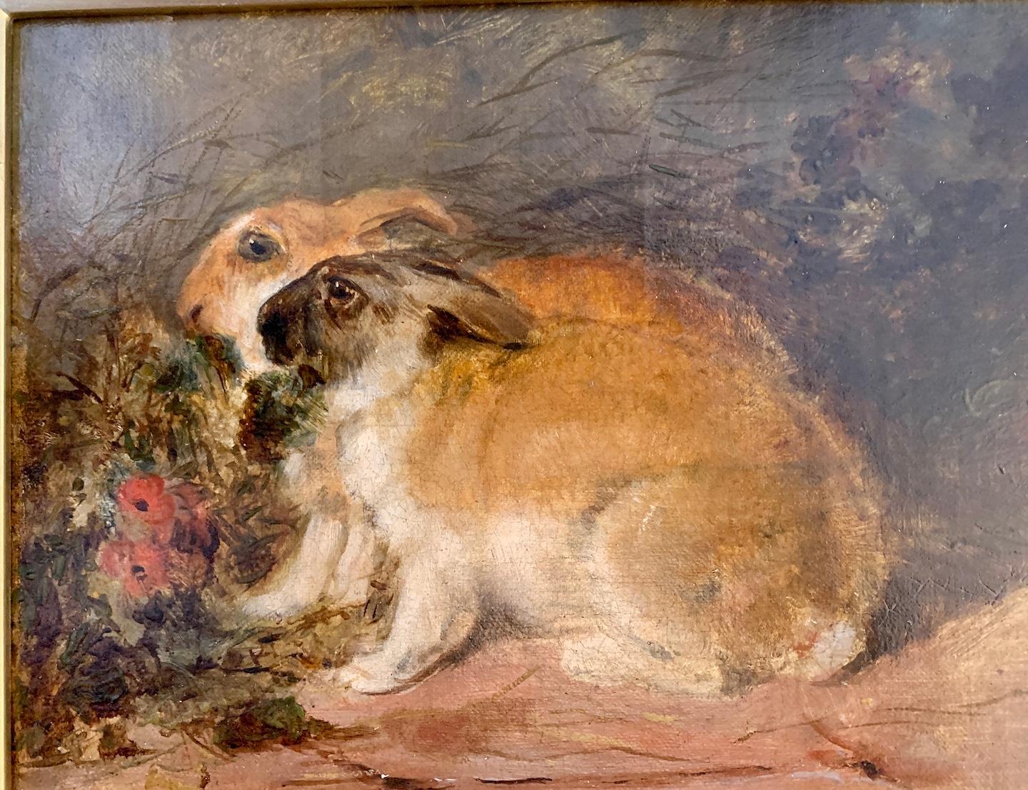 19th century English Antique oil  portrait of two Rabbits in an interior - Painting by Thomas William Earl