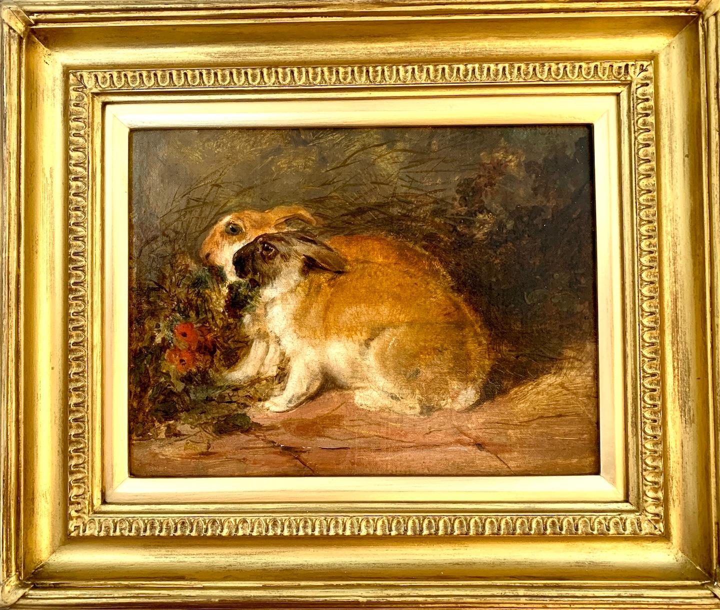 Thomas William Earl Animal Painting - 19th century English Antique oil  portrait of two Rabbits in an interior