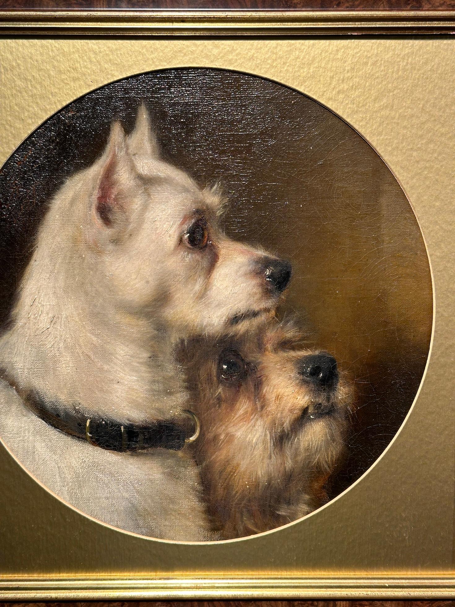 Ritratto ad olio antico inglese del XIX secolo di due cani Terrier - Painting di Thomas William Earl
