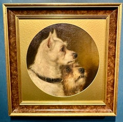Ritratto ad olio antico inglese del XIX secolo di due cani Terrier