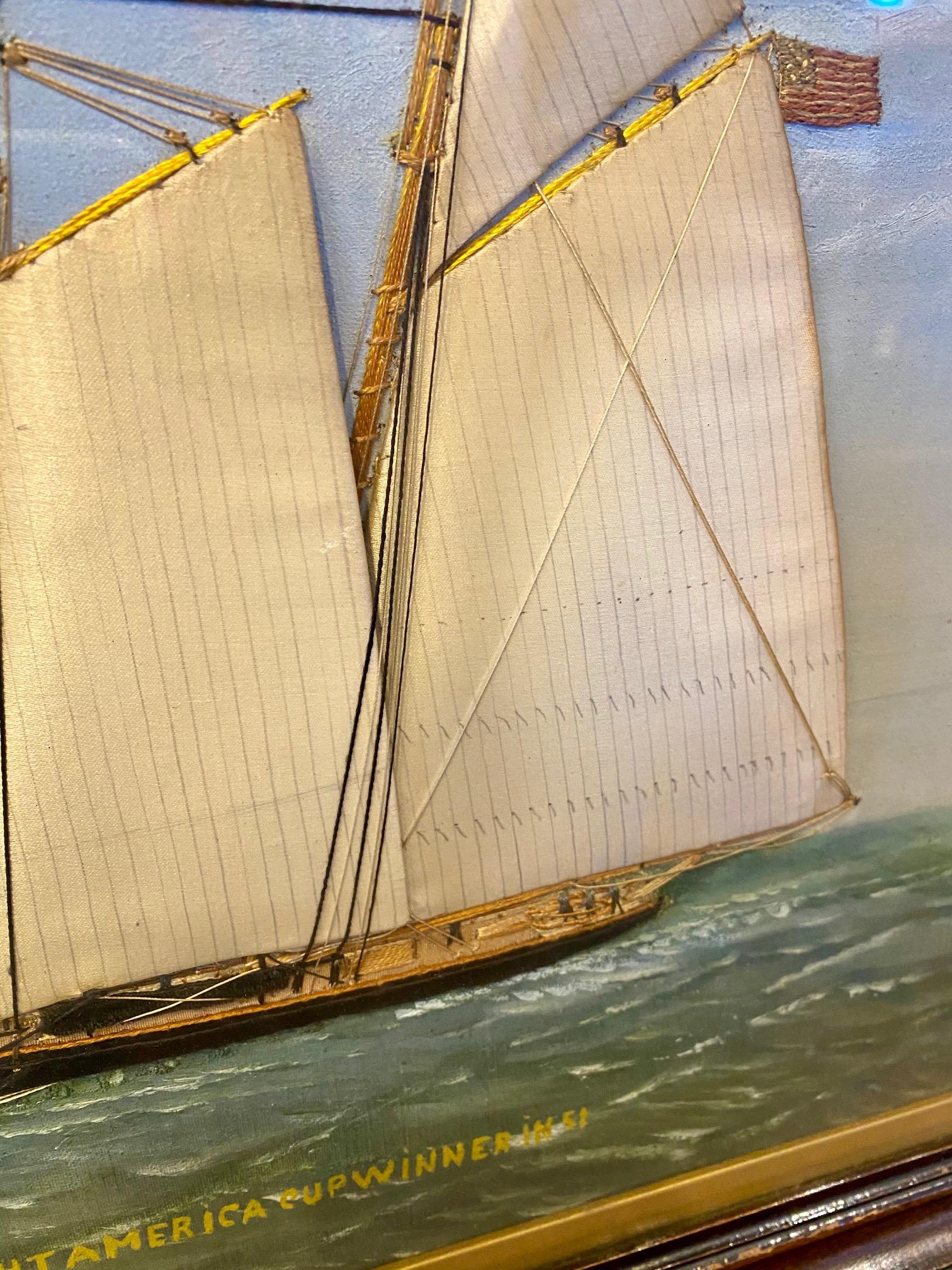 Thomas Willis Silk Embroidered Yacht Seascape, circa 1890 In Good Condition In Nantucket, MA