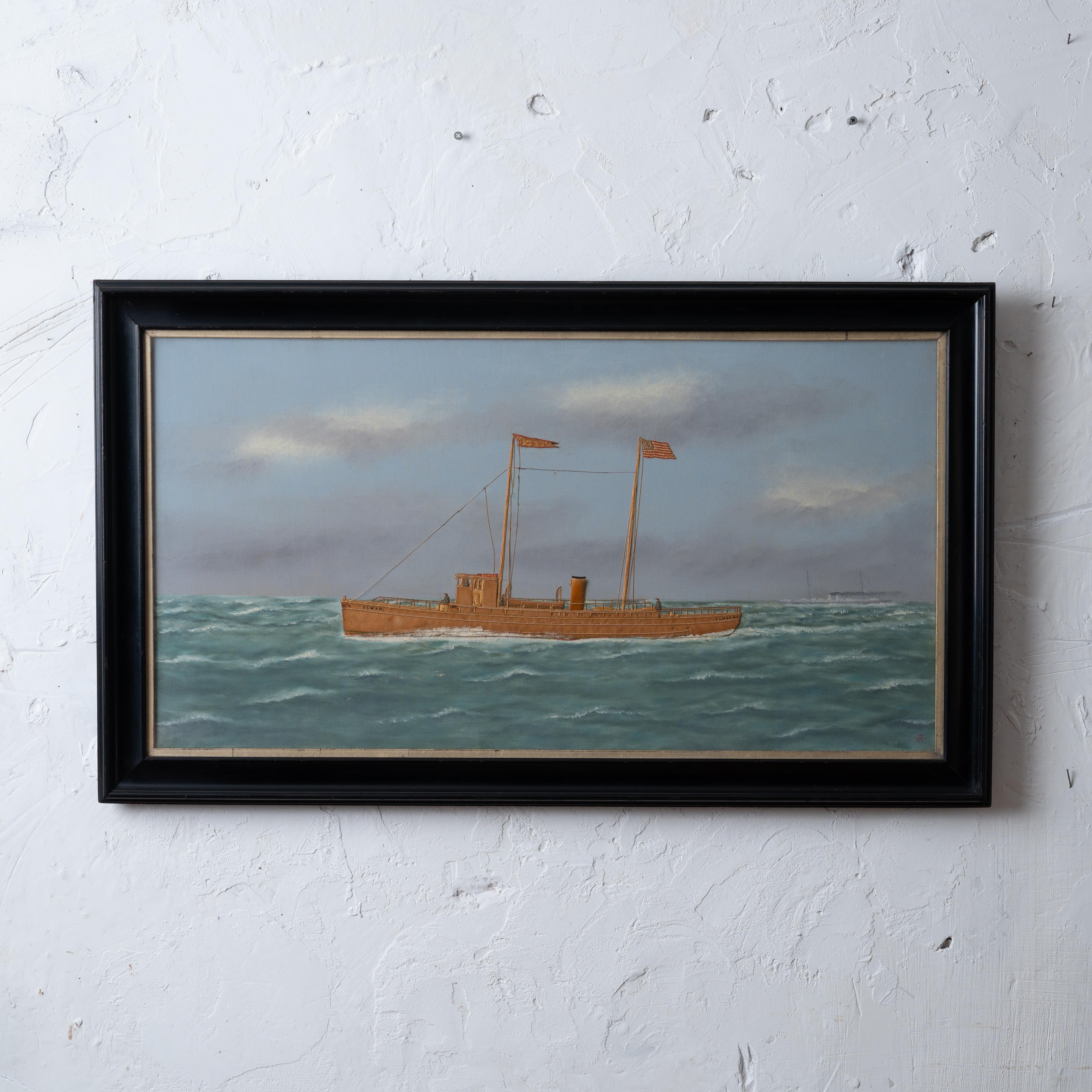 Thomas Willis
(Americano, 1850-1925)

Un ritratto dello yacht Elmar al largo di Sheepshead Bay, intorno al 1910.  

Olio su tela con seta e filati. 

Il proprietario, indicato come Gus Rau, era noto per essere stato capitano di charter per Babe Ruth