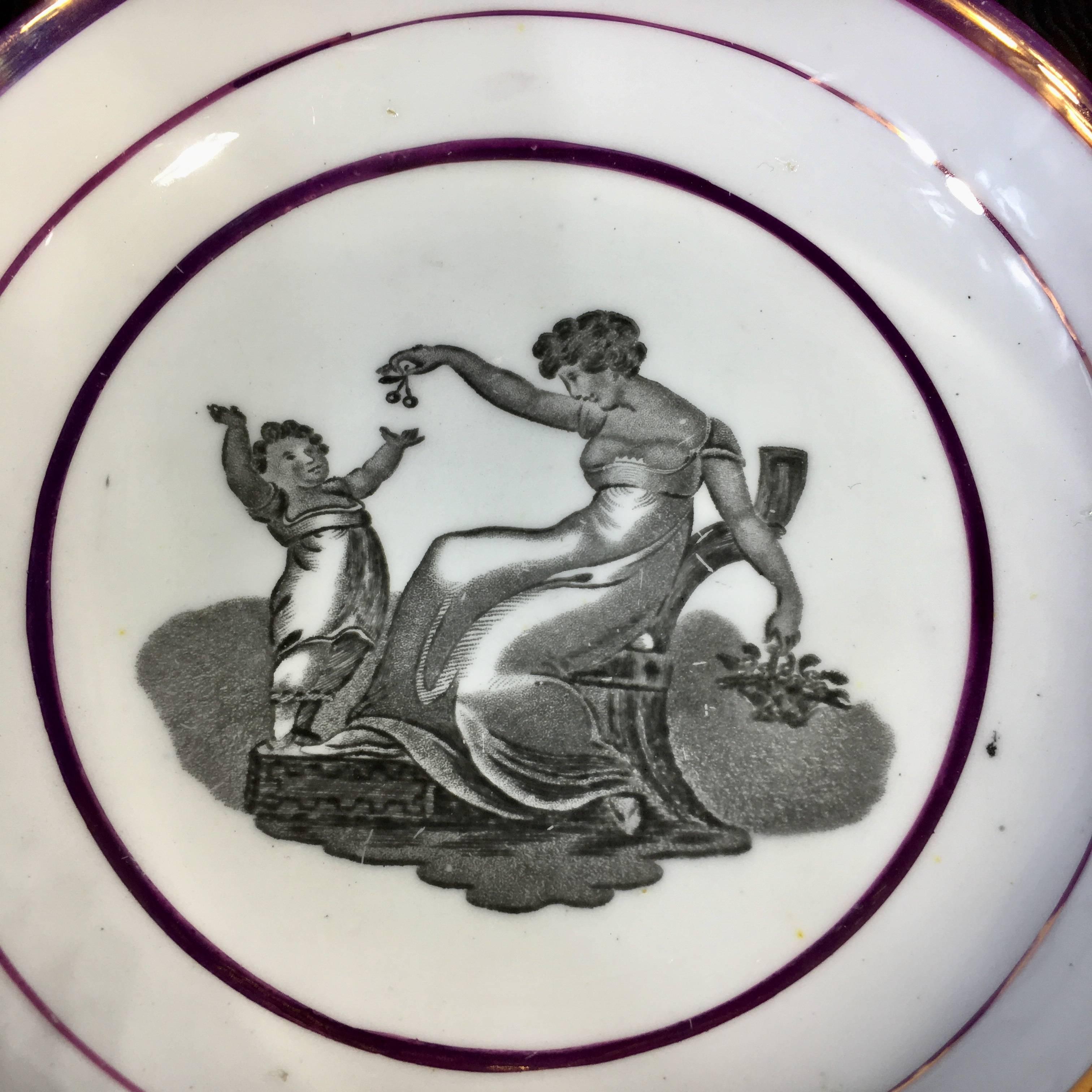 English Thomas Wolfe & Co Cup and Saucer, Bucks Print in Purple Lustre Border For Sale