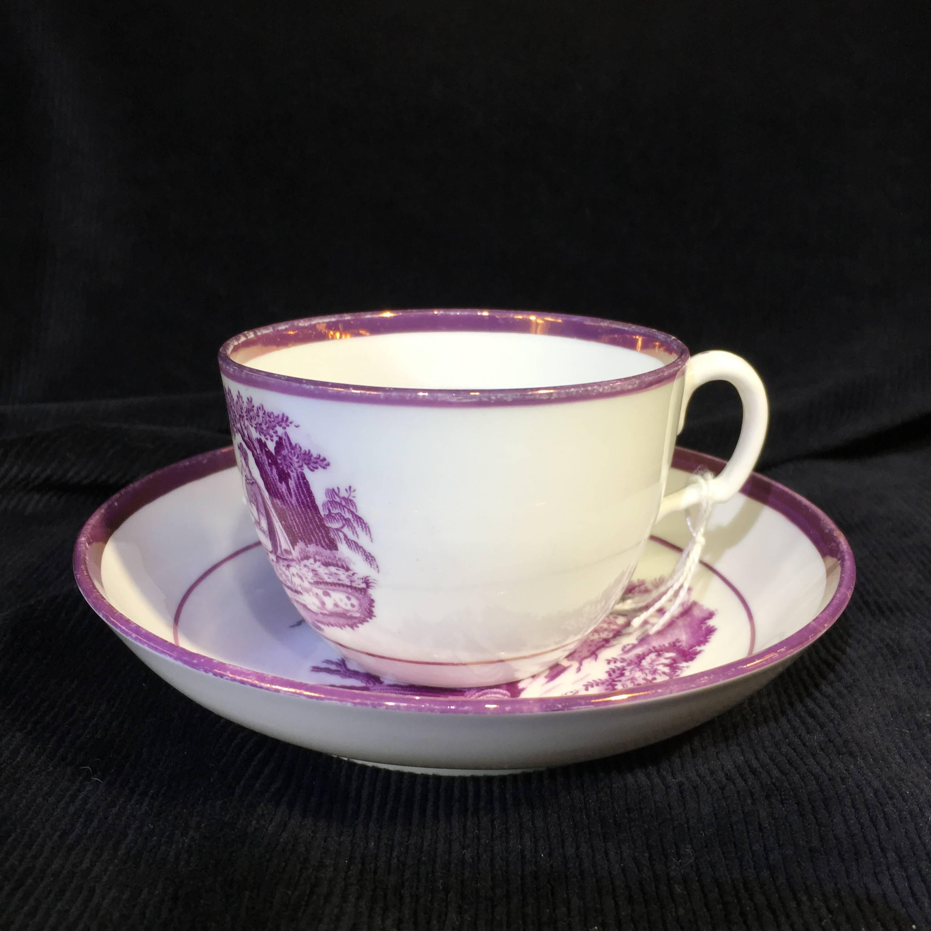 Early 19th Century Thomas Wolfe & Co Cup and Saucer, Shepherdess in Purple Bat Print, circa 1815 For Sale