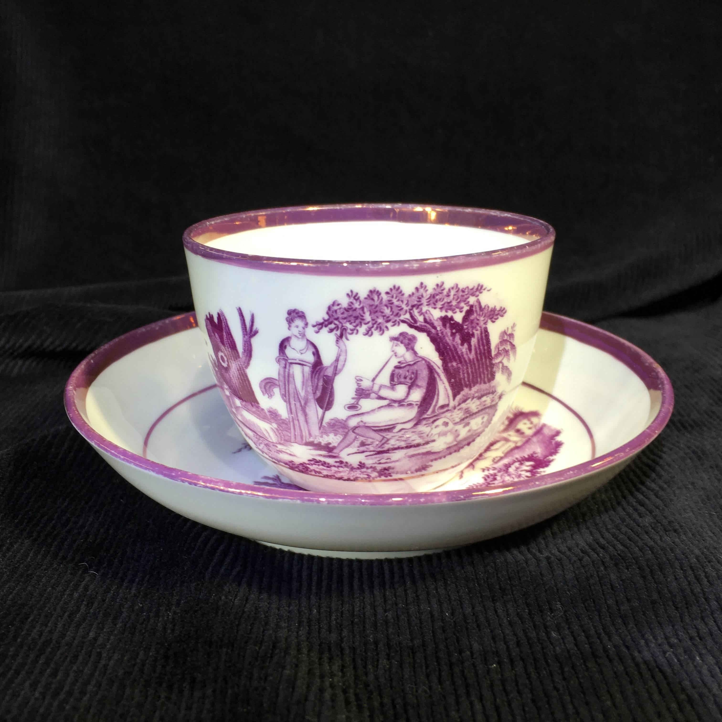 Thomas Wolfe & Co Cup and Saucer, Shepherdess in Purple Bat Print, circa 1815 For Sale 1