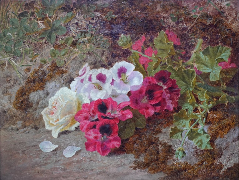 Geraniums on a Bank - British Victorian art floral still life oil painting - Painting by Thomas Worsey