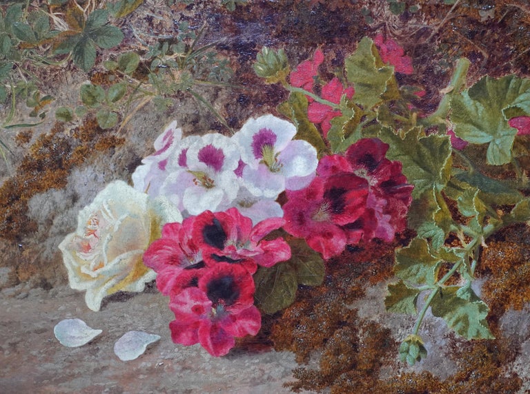 This lovely British Victorian floral oil painting is by noted  flower artist Thomas Worsey. It was painted in 1872 and is of pink and white geraniums and a rose on a mossy bank. The details in the flora and fauna are just superb and the colours are