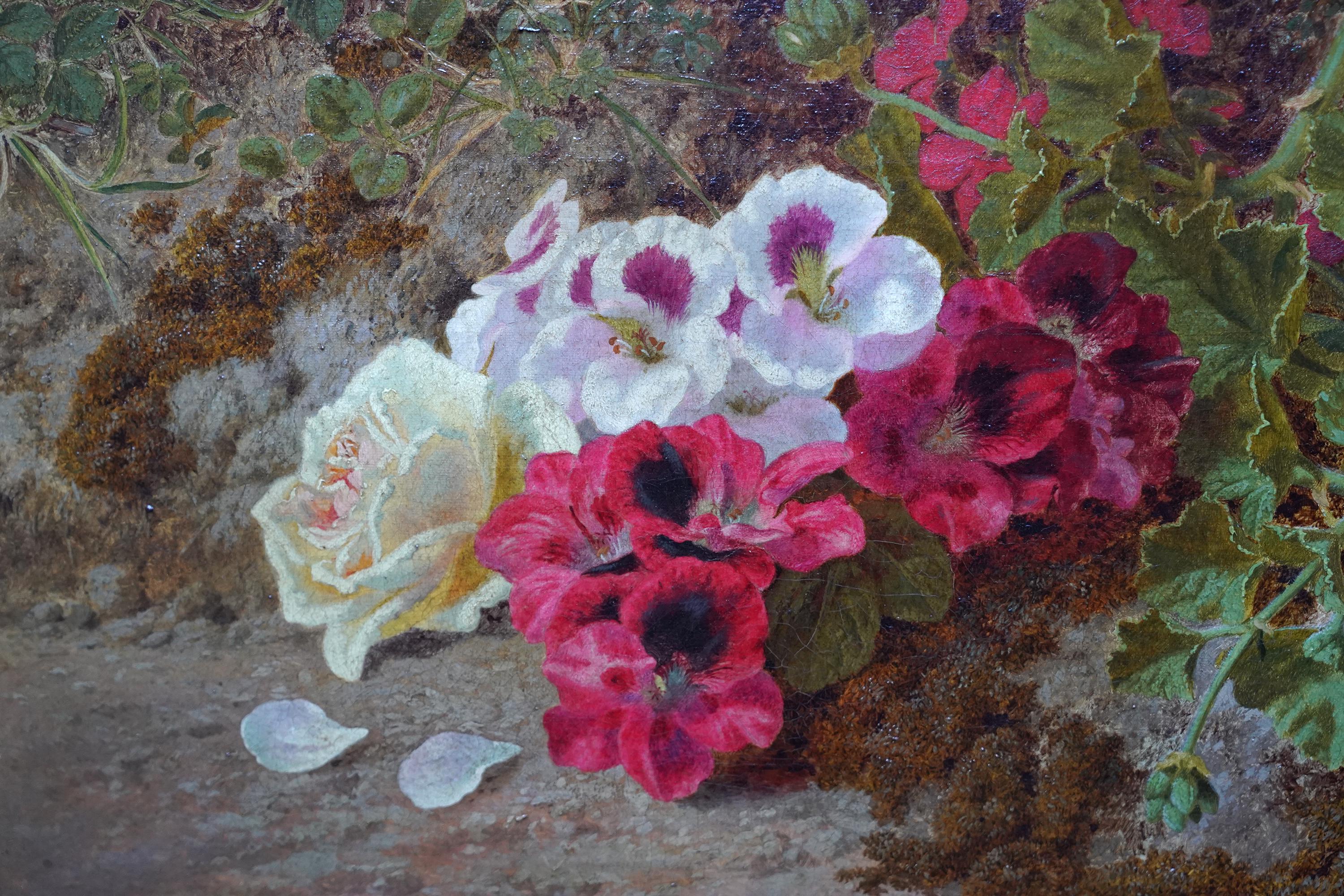 This lovely British Victorian floral oil painting is by noted  flower artist Thomas Worsey. It was painted in 1872 and is of pink and white geraniums and a rose on a mossy bank. The details in the flora and fauna are just superb and the colours are