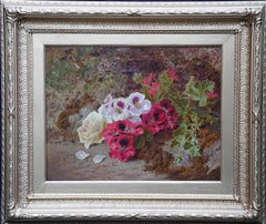 Geraniums on a Bank - British Victorian art floral still life oil painting