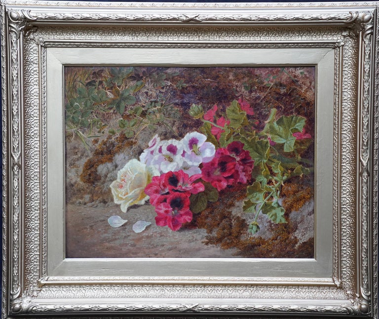 Thomas Worsey Still-Life Painting - Geraniums on a Bank - British Victorian art floral still life oil painting