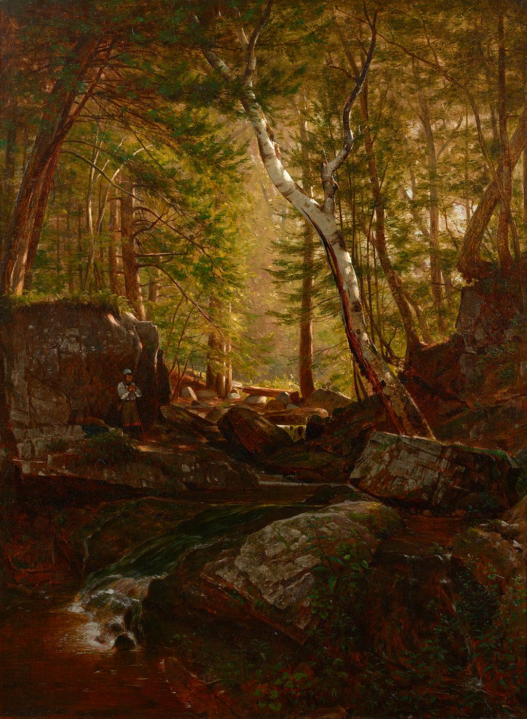 Landscape Painting Thomas Worthington Whittredge - Fisherman en troupe dans un ruisseau de montagne