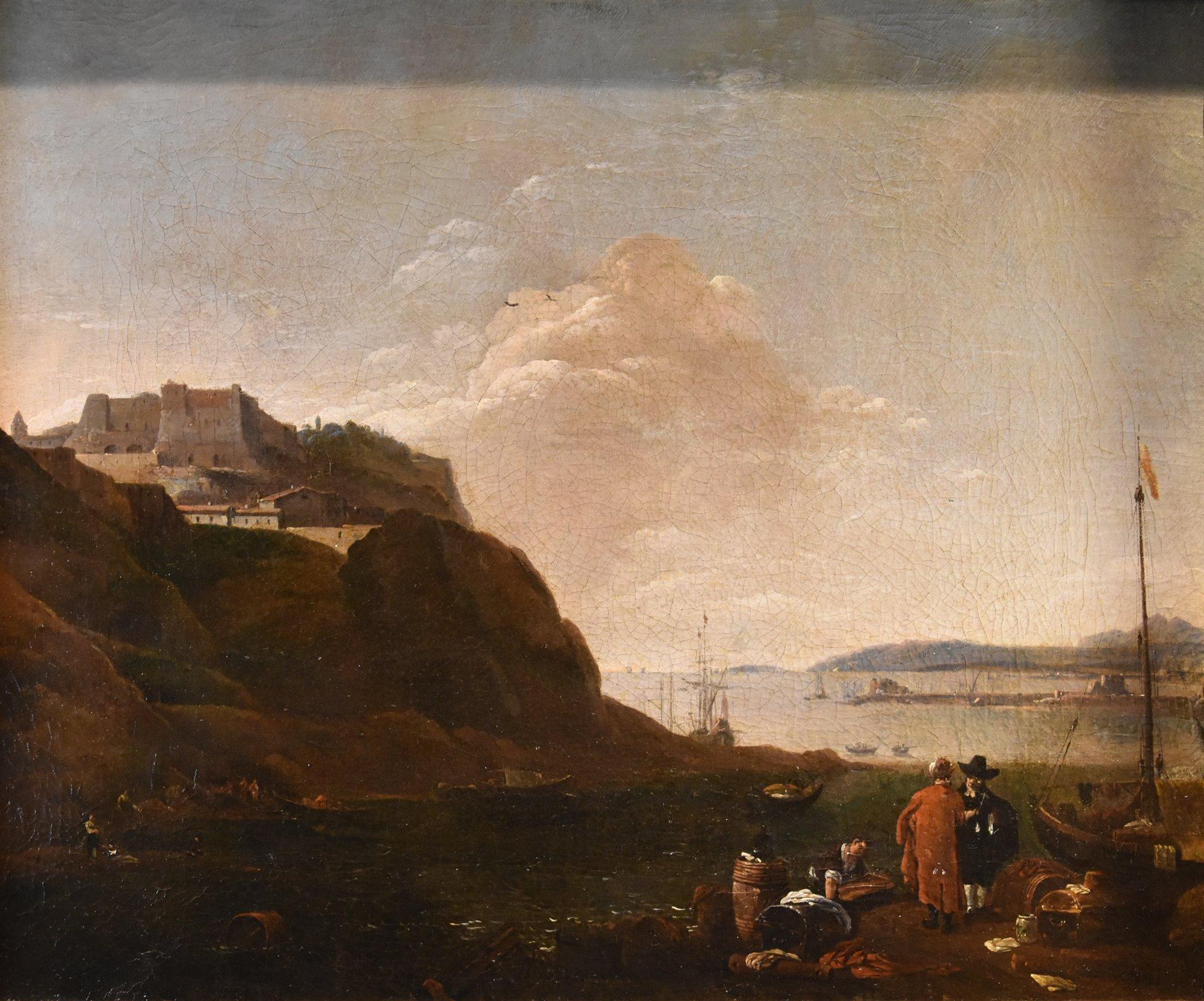 Thomas Wyck oder Wijck (Bewerwyck 1616- Haarlem 1677) Signiert unten links: TWyck (unter dem schwimmenden Fass)  

Blick auf die mediterrane Küste um 1660  

Öl auf Leinwand, 43 x 52 cm, Rahmen 57 x 66 cm.  

Provenienz: Sotheby's, Amsterdam,
