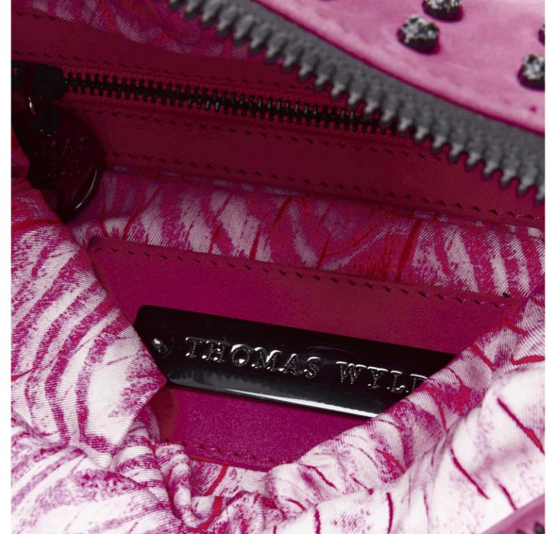 THOMAS WYLDE pink suede ruthenium skull studded foldover crossbody clutch bag For Sale 5