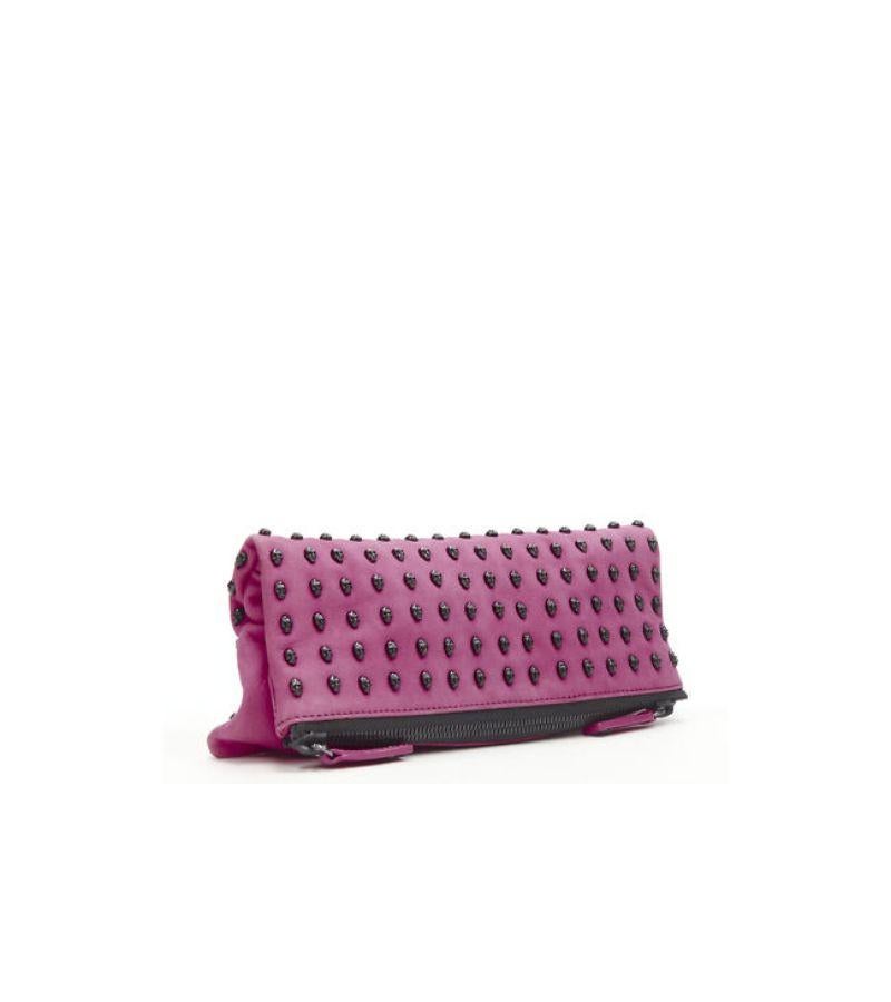 THOMAS WYLDE pink suede ruthenium skull studded foldover crossbody clutch bag In Fair Condition For Sale In Hong Kong, NT