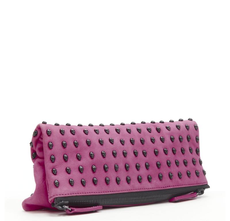 Pink THOMAS WYLDE pink suede ruthenium skull studded foldover crossbody clutch bag For Sale