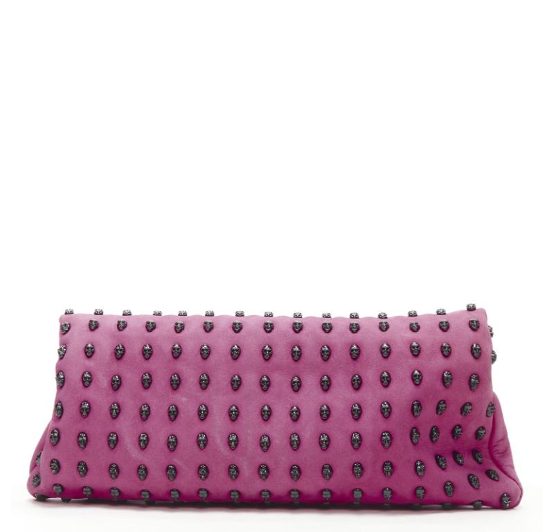 Women's THOMAS WYLDE pink suede ruthenium skull studded foldover crossbody clutch bag For Sale