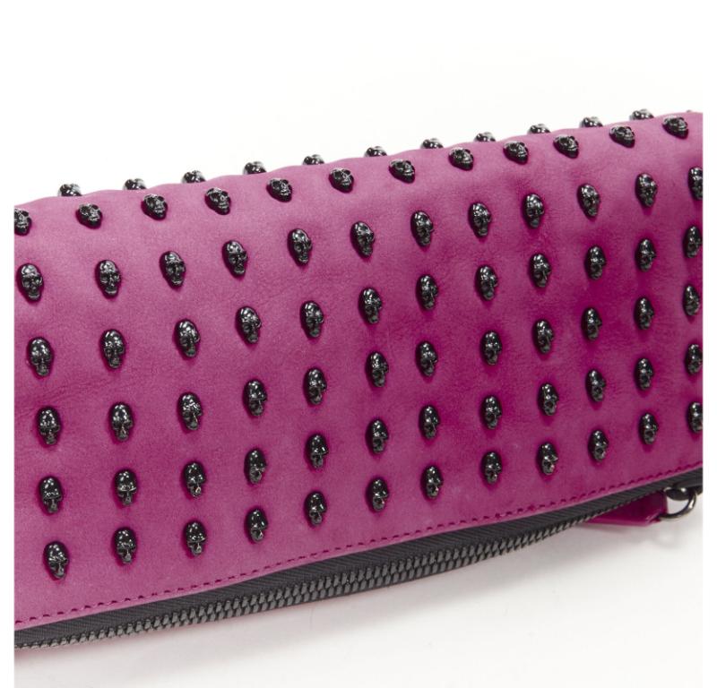 THOMAS WYLDE pink suede ruthenium skull studded foldover crossbody clutch bag For Sale 2