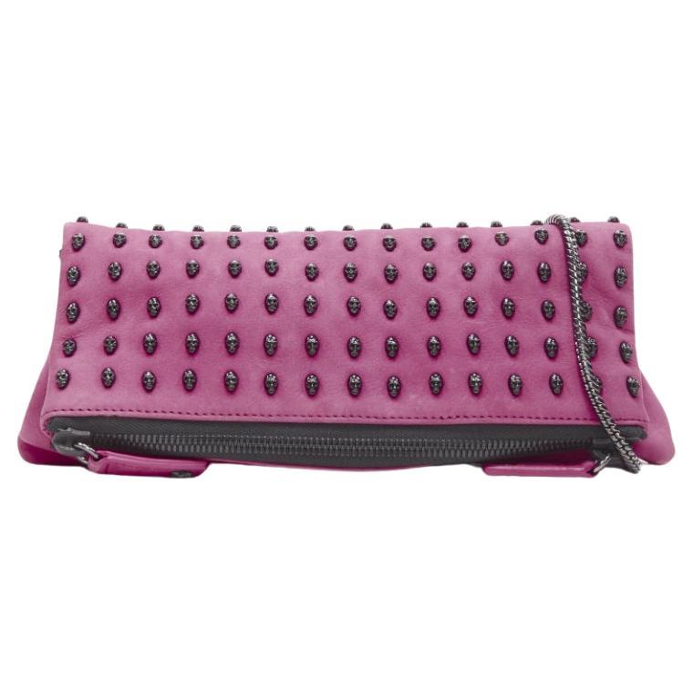 THOMAS WYLDE pink suede ruthenium skull studded foldover crossbody clutch bag