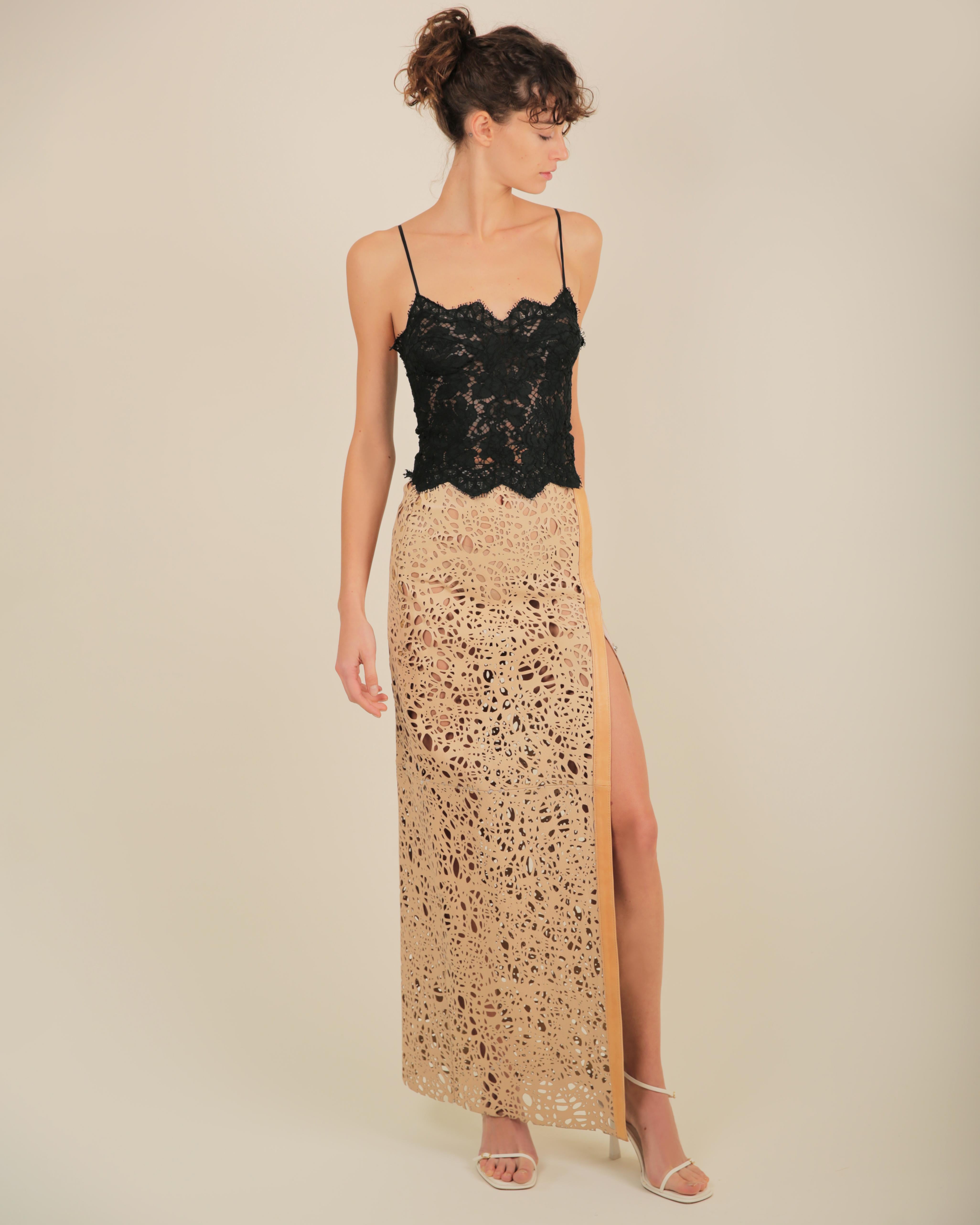 Thomas Wylde tan beige leather laser cut out high waisted slit maxi skirt XS For Sale 6