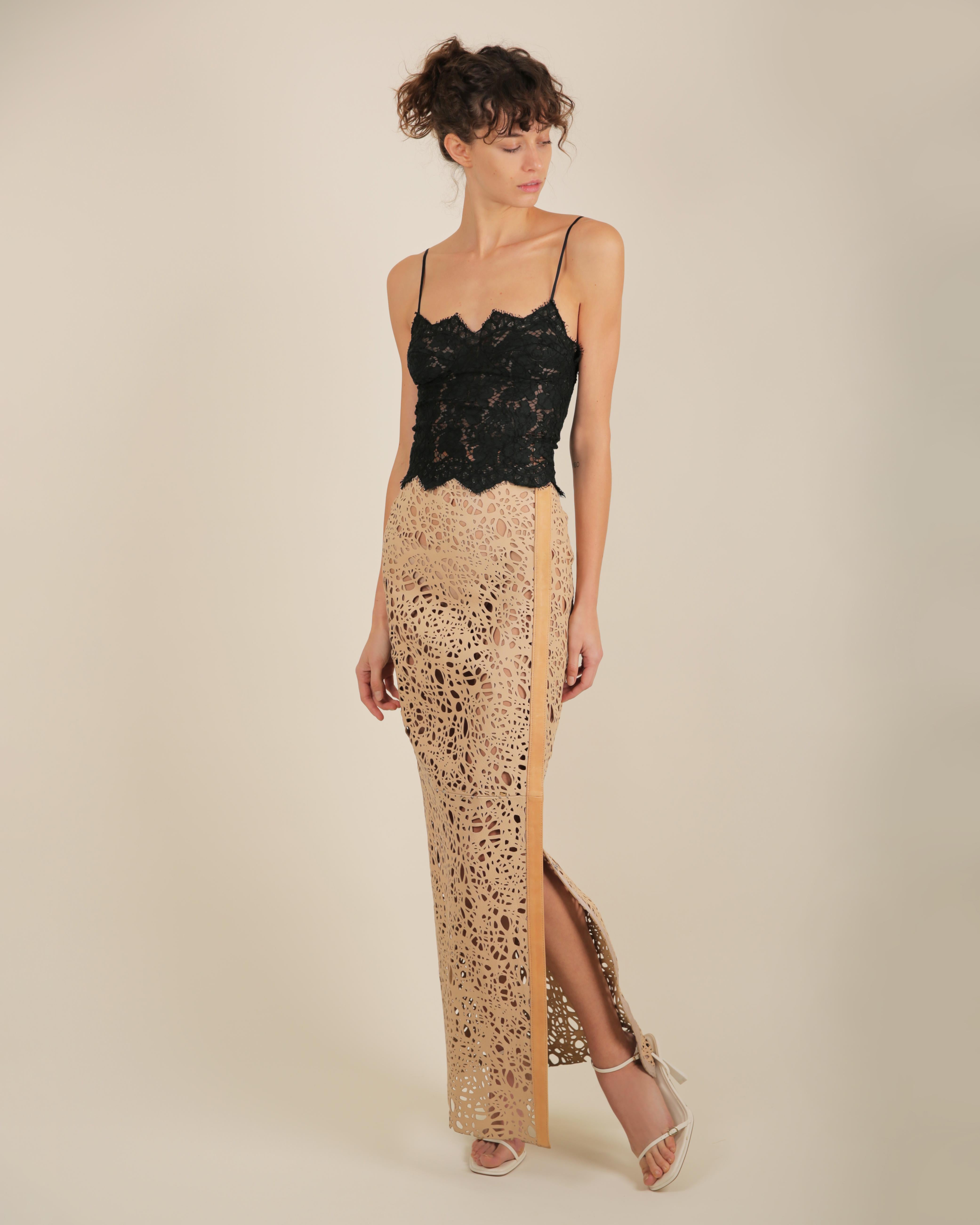 Thomas Wylde tan beige leather laser cut out high waisted slit maxi skirt XS For Sale 6